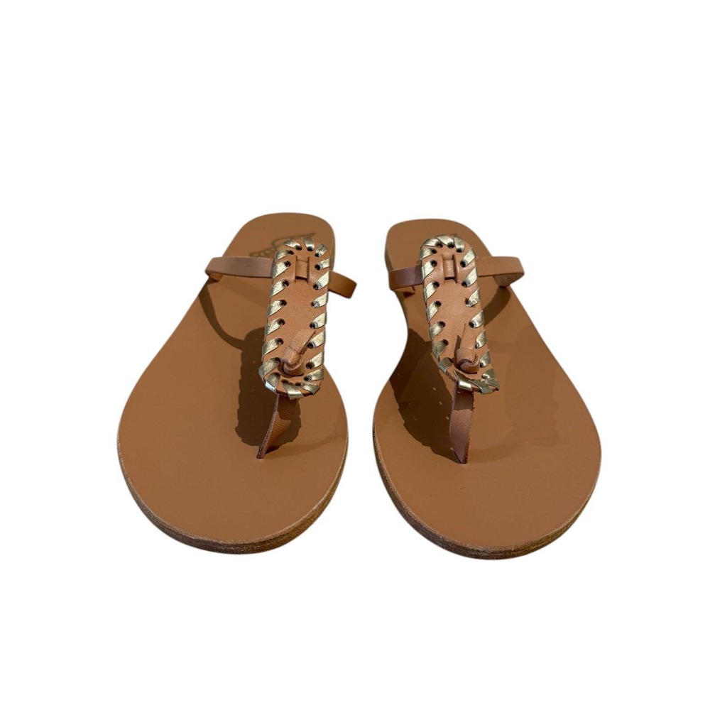 Ancient Greek‎ Sandals Leather Whipstitch T-Strap Flat Sandals Tan Gold EU 42